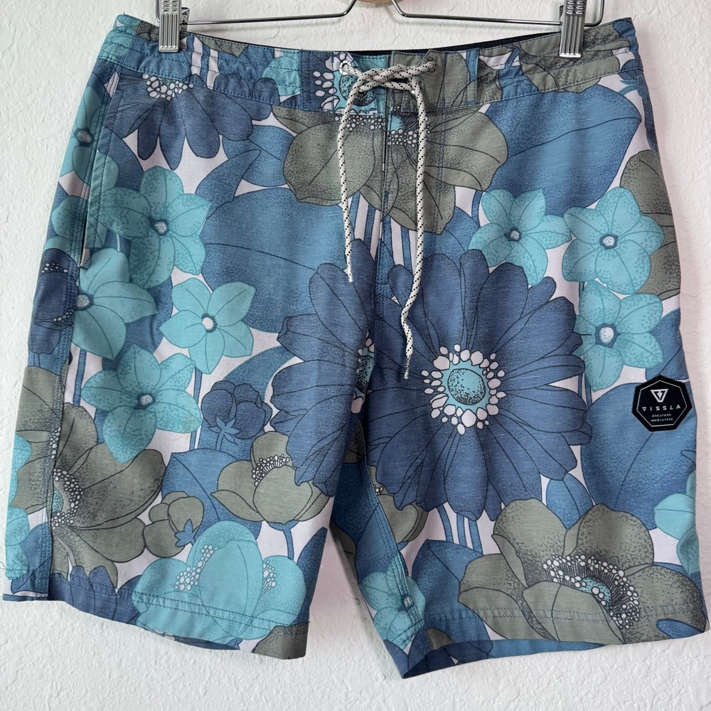 Vissla Mens Size 32 Floral Board Shorts Blue Teal Upcycled Coconut Stretch